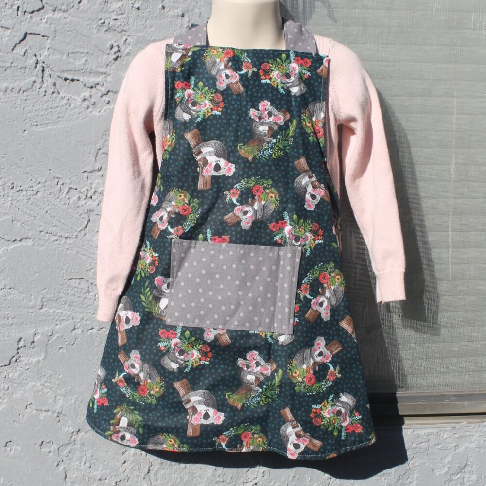 Koala Print Children's Full Apron Size 3-8 Green Gray Handmade Reversible Cotton